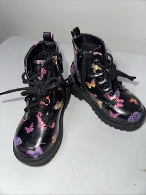 Kids Black Patent Lace-Up Boots with Pink & Purple Butterfly Print
